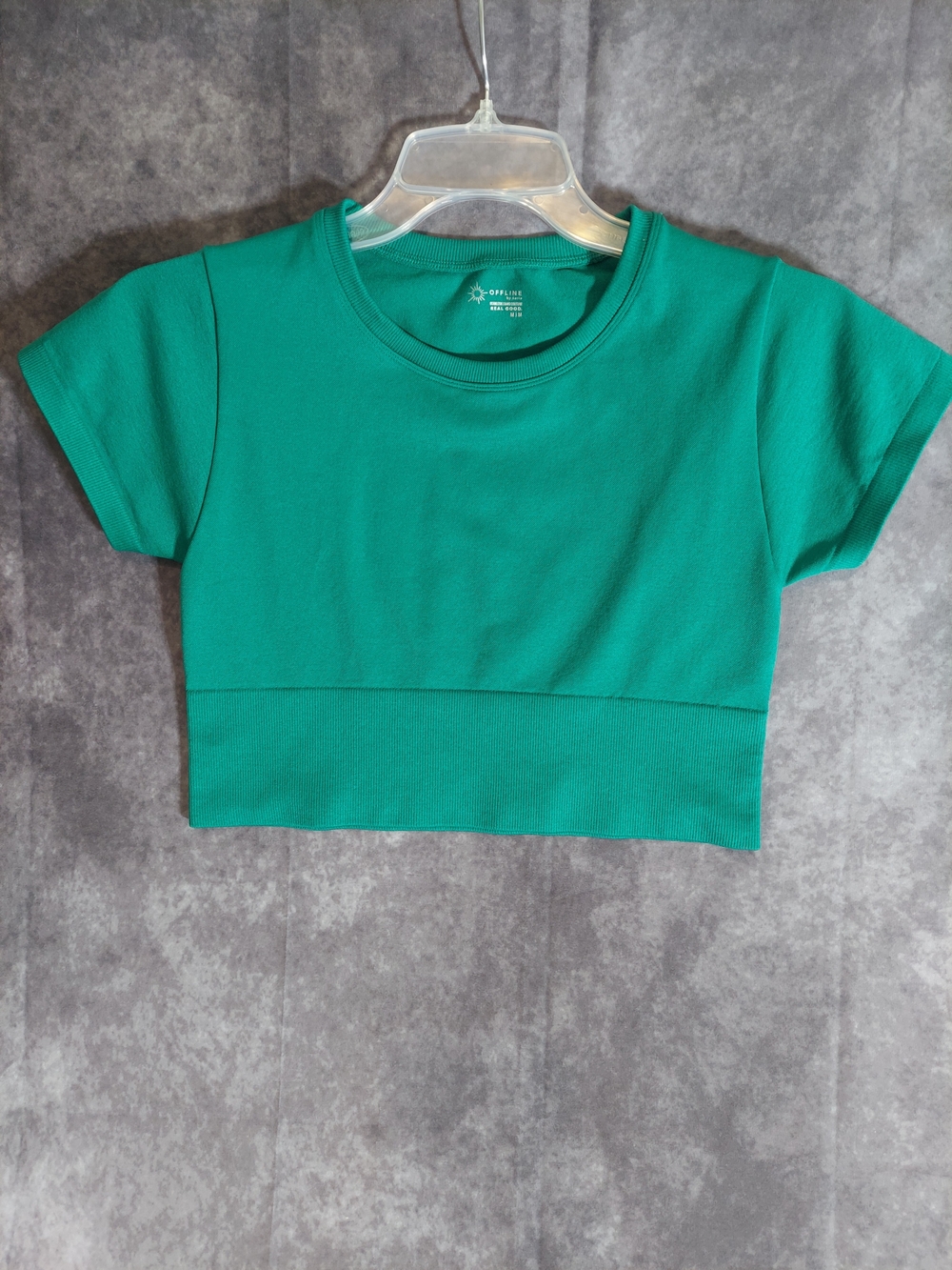 OFFLINE by Aerie Seamless Cropped Short Sleeve Top M Med Green Sweatshirt Feel - Picture 2 of 8